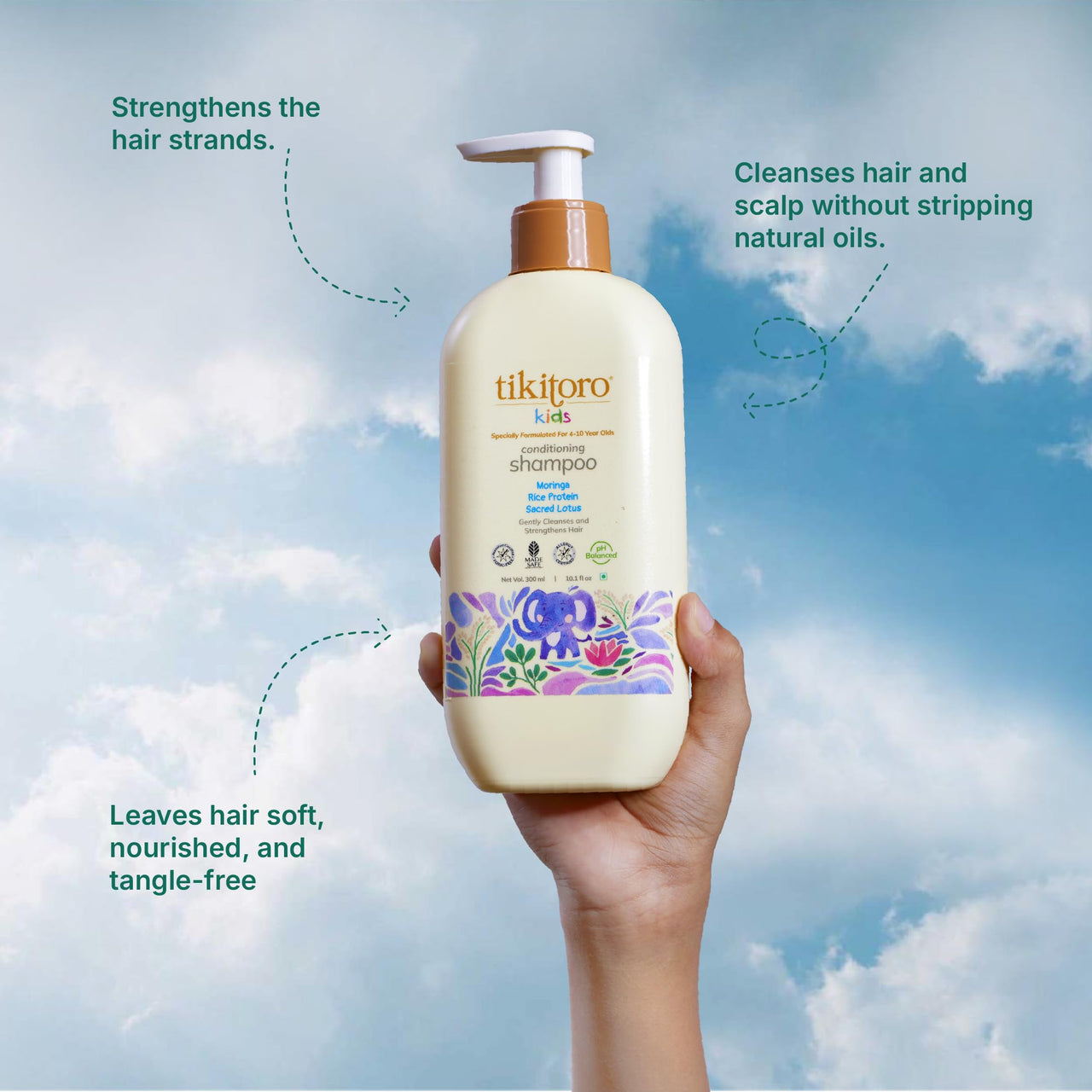 Tikitoro Kids Conditioning Shampoo for 4-10 years | pH 5.5 & Allergen-Free | Moringa, Rice Protein, Sacred Lotus Extract | No Parabens or Sulfates | 100% Vegan (300ml x 1)