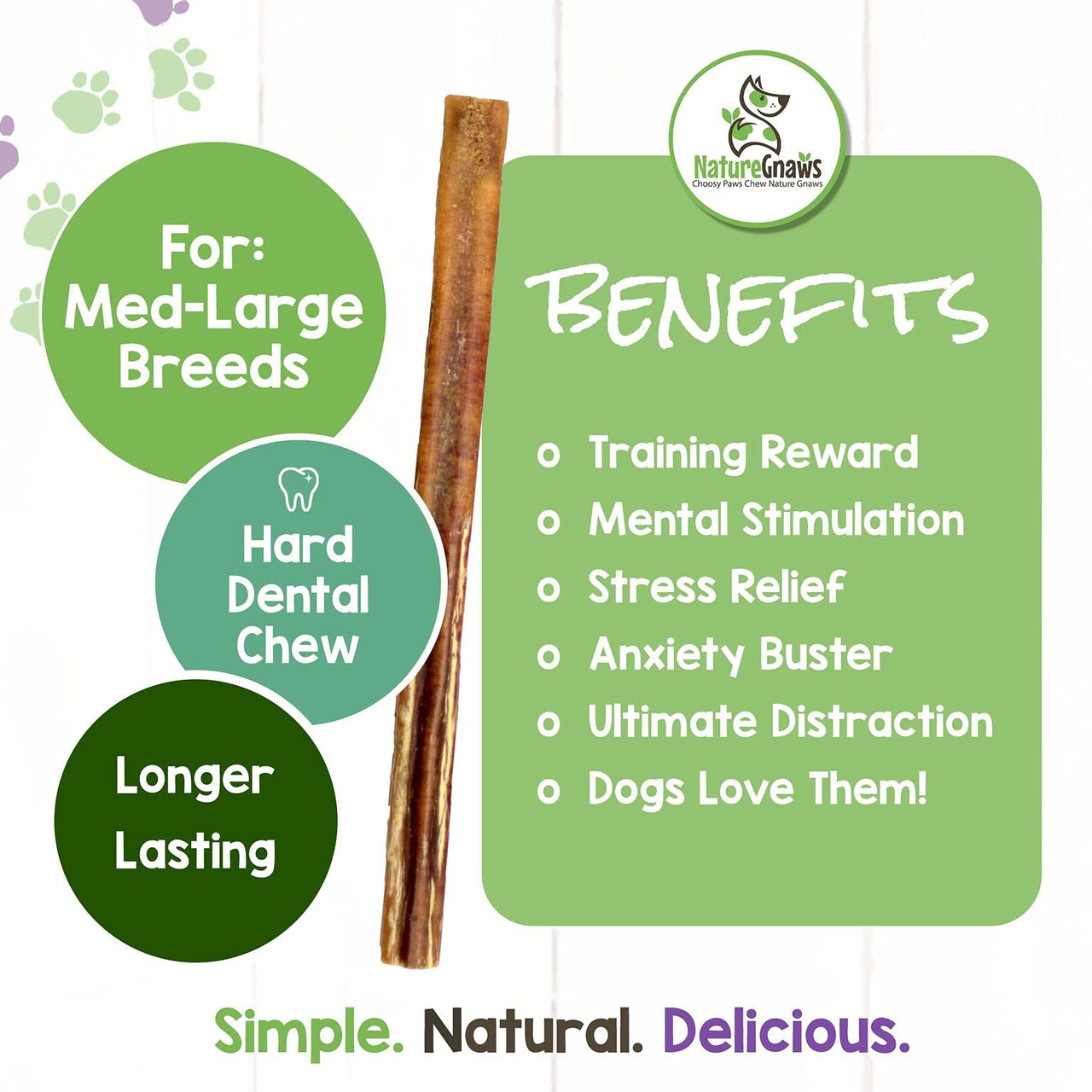 Nature Gnaws Bully Sticks for Large Dogs - Premium Natural Beef Dental Bones - Thick Long Lasting Dog Chew Treats for Aggressive Chewers - Rawhide Free , 5 Count (Pack of 1) 5 Count (Pack of 1)