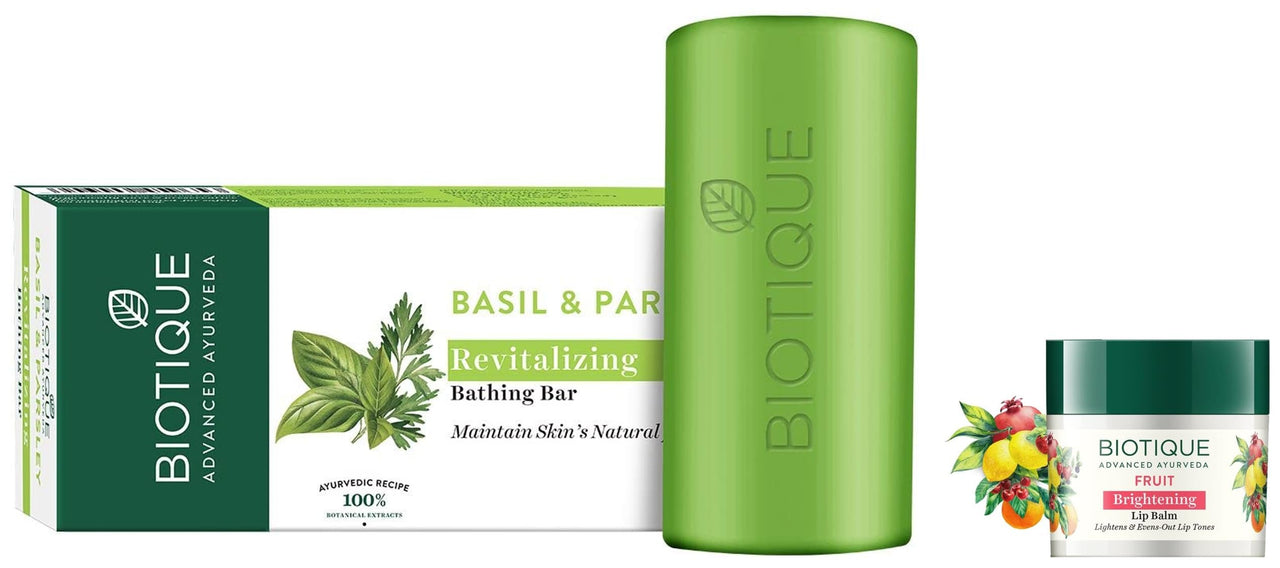 Biotique Bio Fruit Whitening Lip Balm, 12G And Biotique Basil And Parsley Revitalizing Body Soap, 150G
