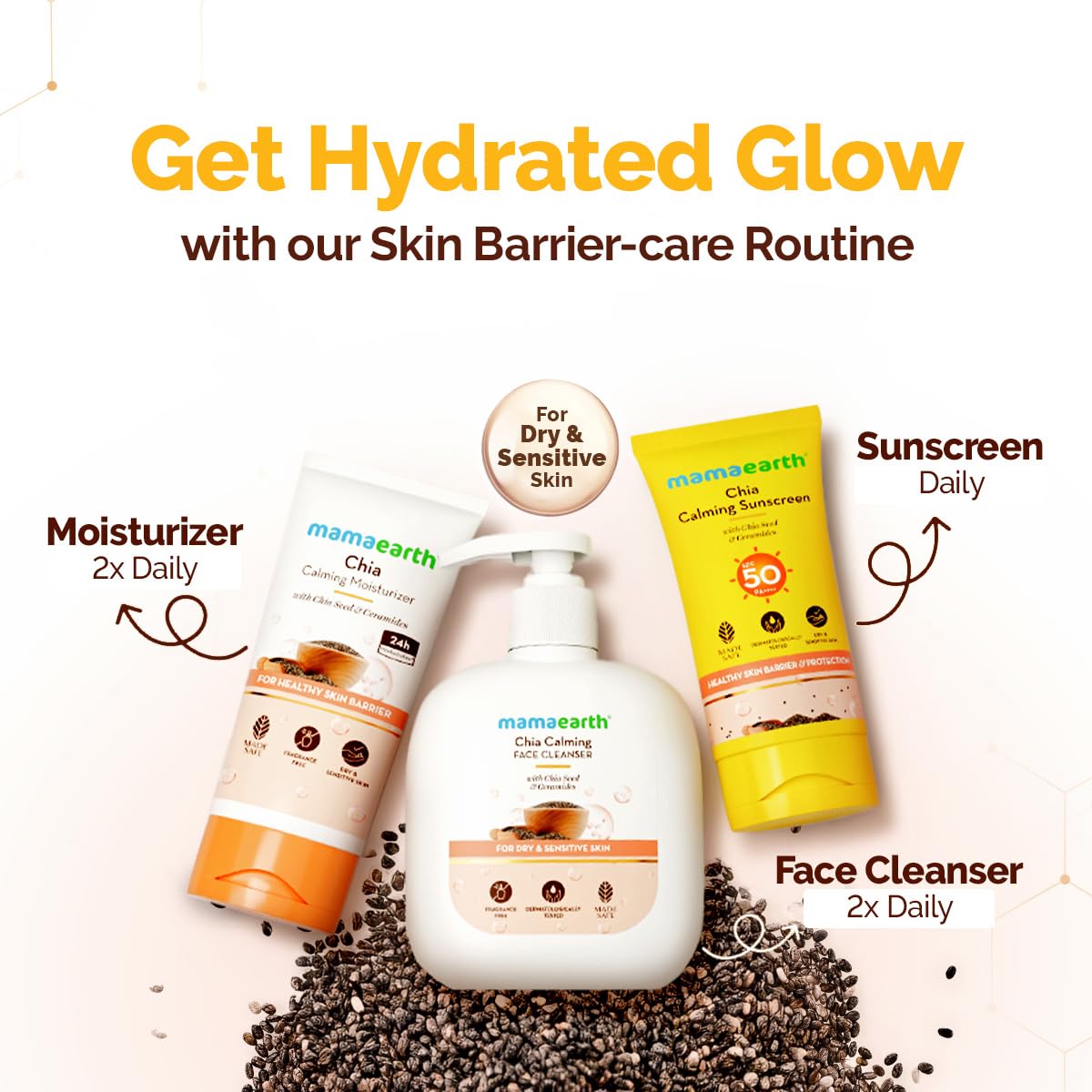 Mamaearth Chia Calming Sunscreen with Chia Seed & Ceramides for Hydrated Glow & Sun Protection - 50 g | SPF 50 PA++++ | Co-Created With Top Dermats | For Dry to Normal, Sensitive Skin | Healthy Skin Barrier