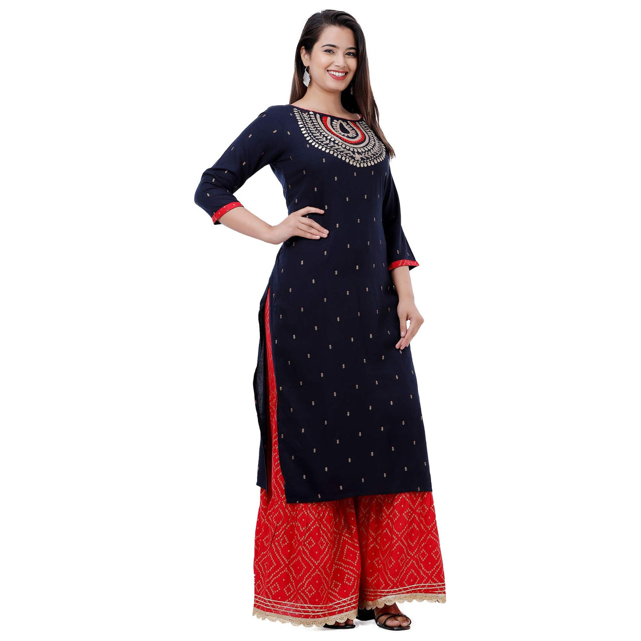 Ashta Vinayak Creations Women's  Casual Rayon Embroidered Straight Kurti With Sharara Set(AVC74_Black_Red)
