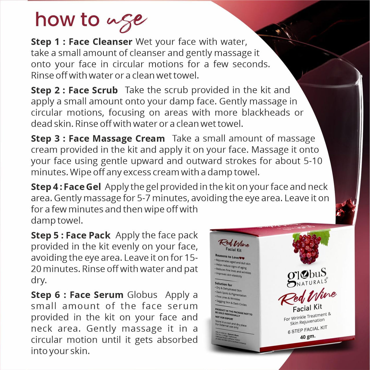Globus Naturals Red Wine Face Wash & Facial Kit Combo, Anti Ageing Formula, For All Skin Types