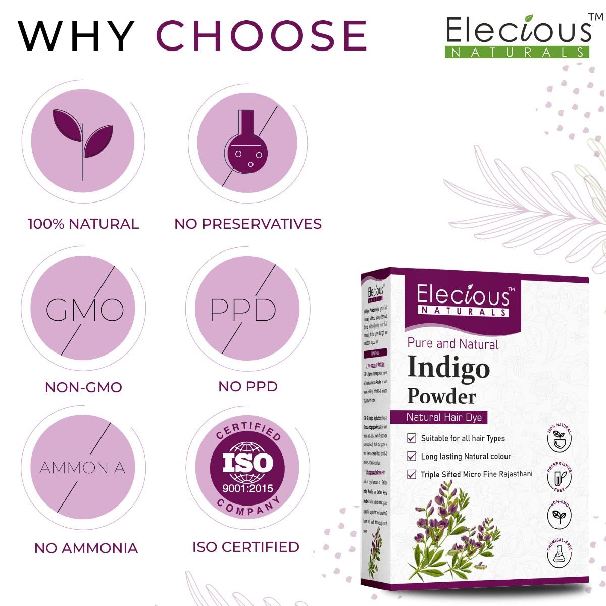 Elecious Indigo Powder for Hair black (200 Grams) | 100% Pure and Natural, No preservatives | Natural hair dye | No Ammonia, No PPD