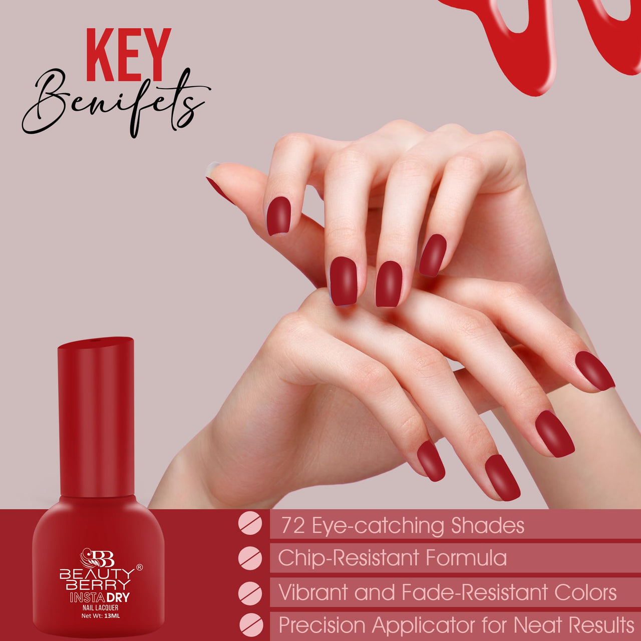 BEAUTY BERRY INSTA DRY NAIL LACQUER WITH FRENCH FORMULA 13ML. (BERRY-47, 1)