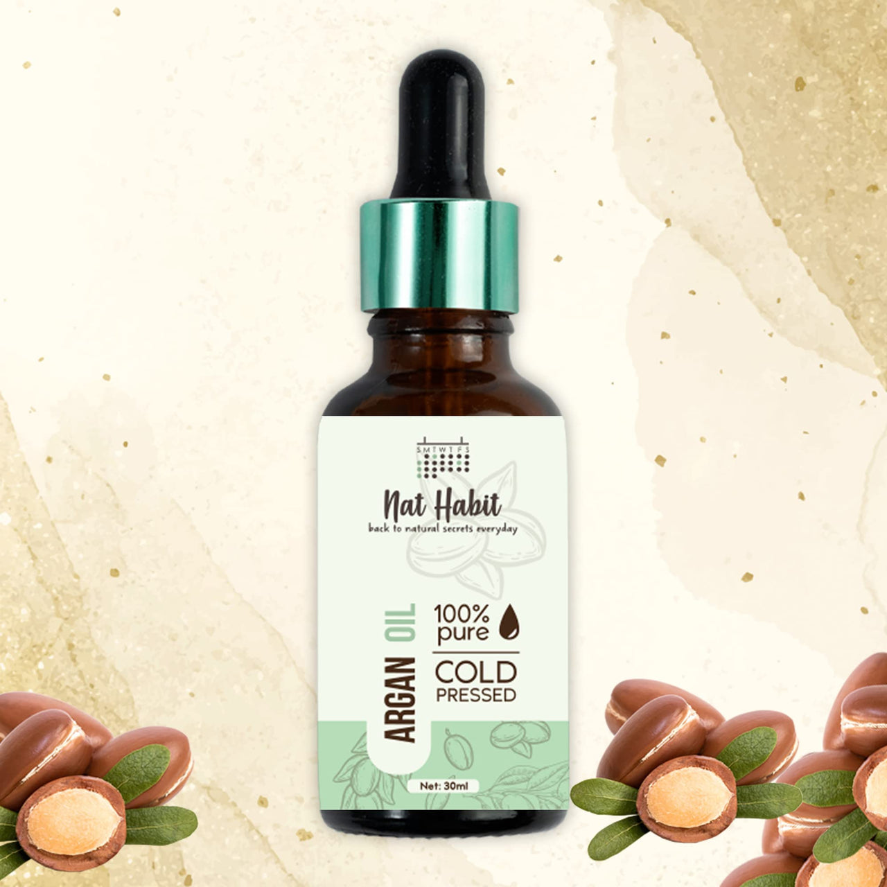 Nat Habit Cold Pressed Argan Oil, 100% Pure Oil for Women & Men, Skin & Hair, Body Massage Oil, Hair Oil (Argan Oil, 30ml)