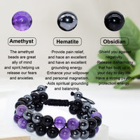 XonyiCos Triple Protection Bracelet,Made by hand Crystal Bracelet for Men Women Amethyst Beads Hematite and Black Obsidian Natural Stone 8mm Healing Bracelets Good Luck Prosperity Happiness