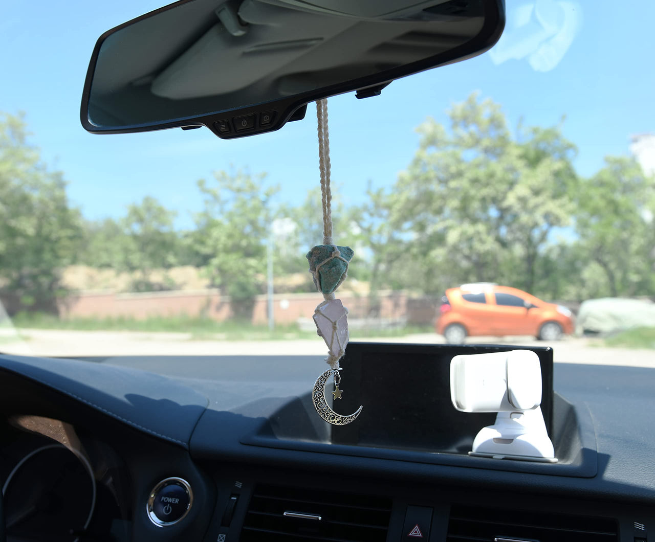 BOHO GARDEN Hanging Car Charm - Amazonite & Rose Quartz - Dangling Moon & Healing Crystal Accessories, Rearview Mirror Decorations - Self-Love, Honesty, Clarity, Connection, Self-Worth, Love, Energy Amazonite-rose Quartz