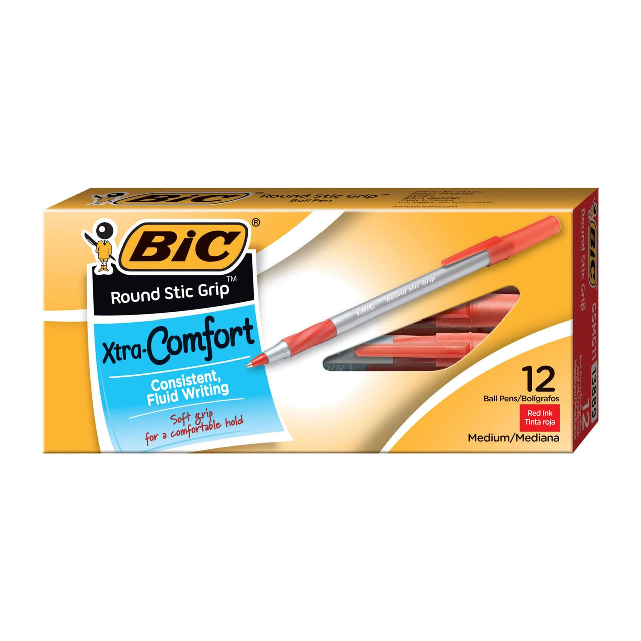 BIC Round Stic Grip Xtra Comfort Ballpoint Pen, Medium Point (1.2mm), Red, 12-Count
