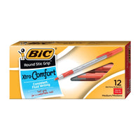 BIC Round Stic Grip Xtra Comfort Ballpoint Pen, Medium Point (1.2mm), Red, 12-Count