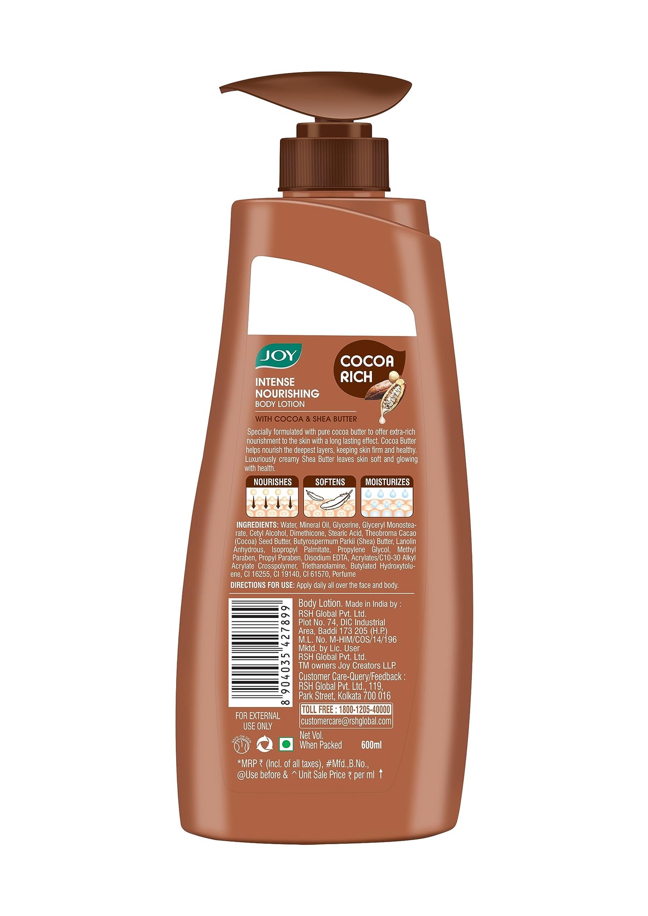 Joy Cocoa Rich Intense Nourishing Body Lotion (600ml) | 24 Hour Nourishment | With Shea Butter & Cocoa Butter | Suitable for Normal to Dry Skin | Non Sticky & Non Greasy Lightweight Body Lotion