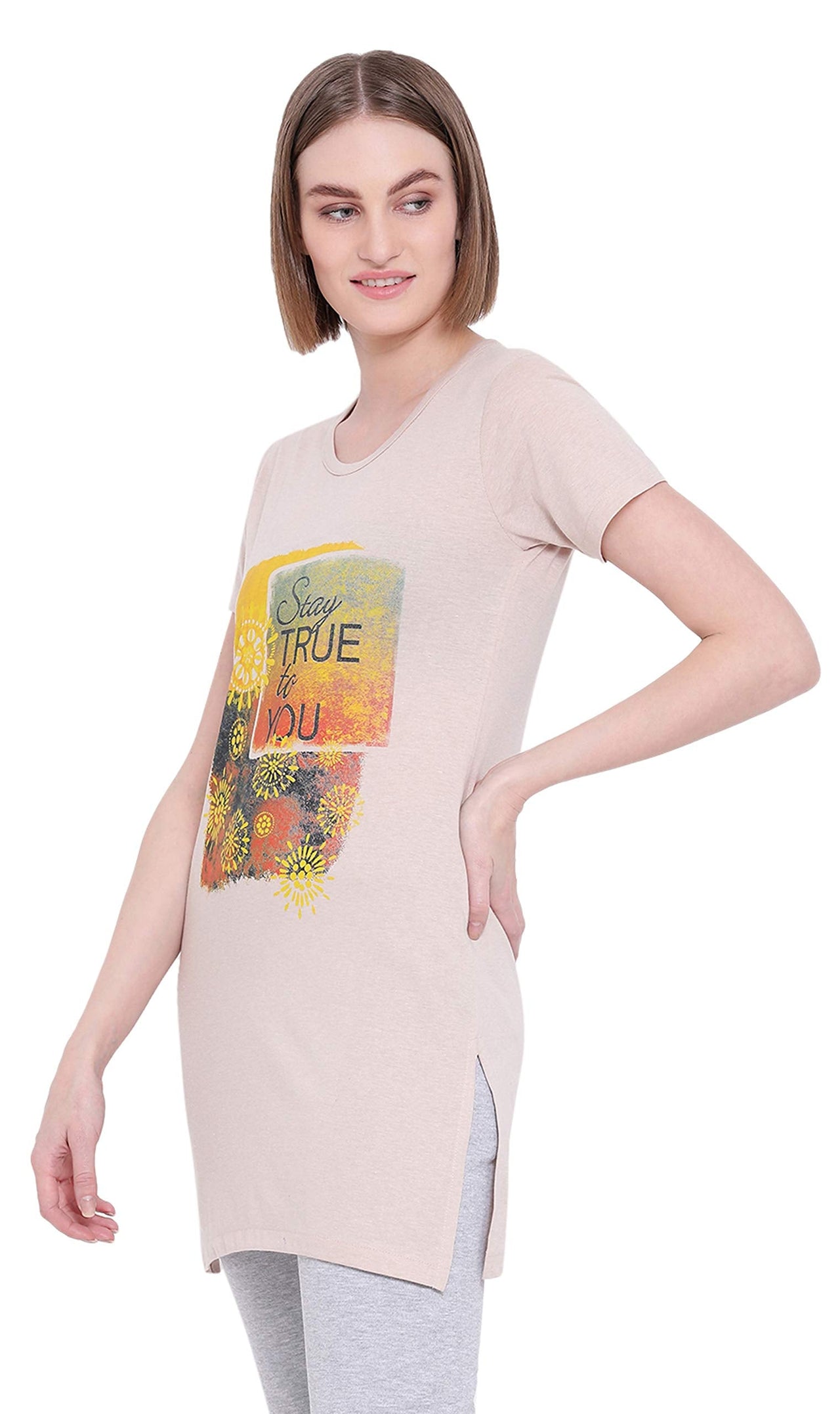 In Love Ladies Long Knee Length Chest Printed Side Slits Tshirts