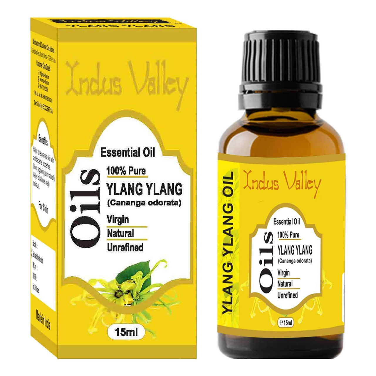 Indus Valley 100% Pure Natural & Organic, Undiluted ylang ylang Essential Oil with Glass Dropper for Skin, Hair Care -15ml