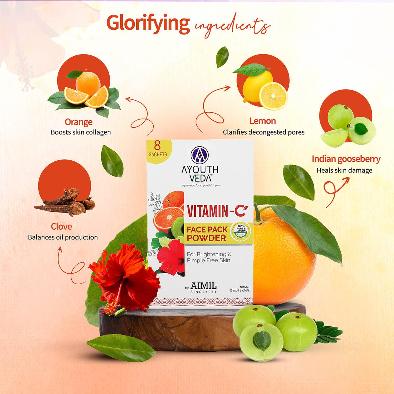 Ayouthveda Vitamin C Face Pack Powder Men & Women | Helps to reduce Pigmentation & Acne & Enhances skin Glow|Enriched with Fruits and Herbs | Makes Skin Soft & Supple (10g X 8 Sachets)(Pack Of 1)