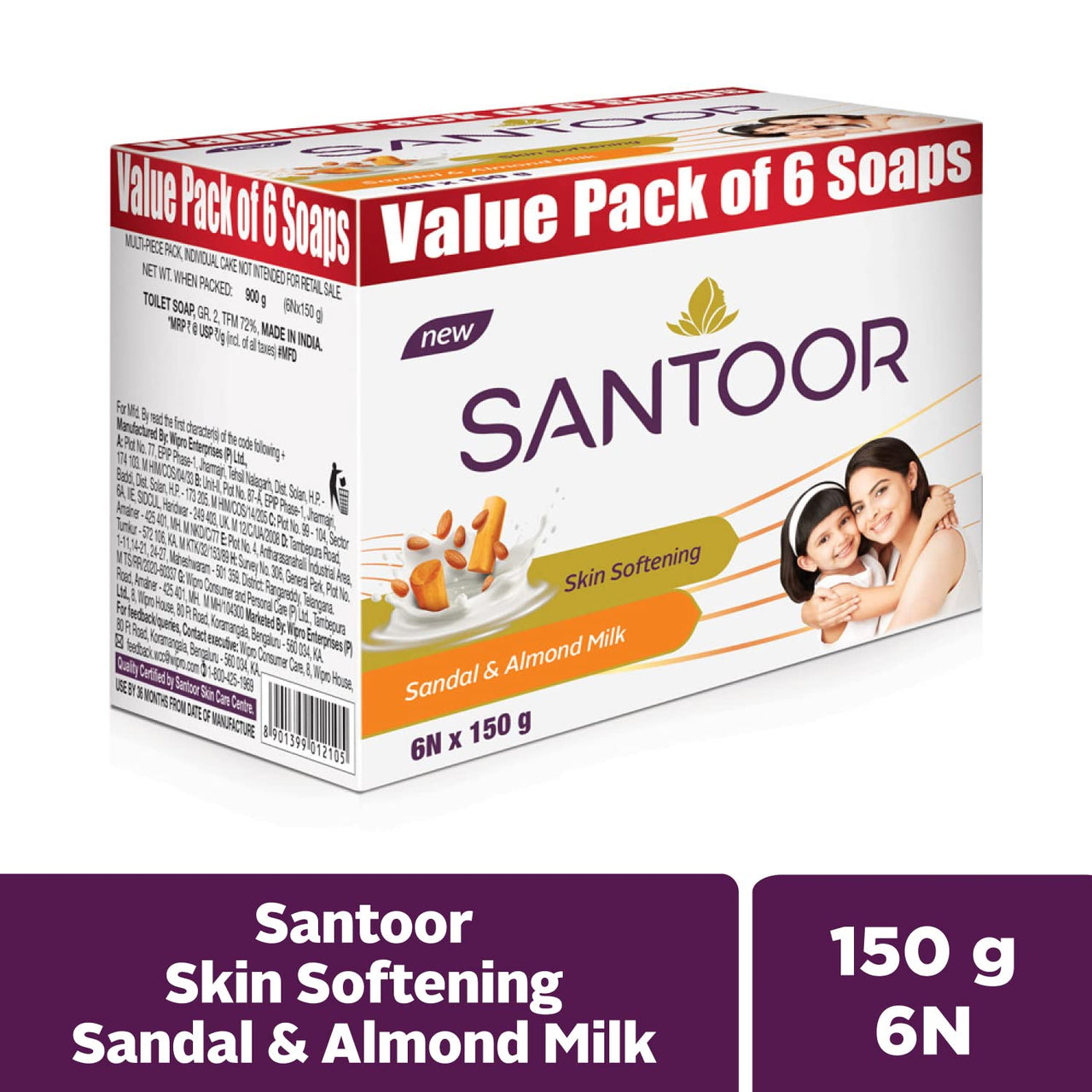 Santoor Sandalwood and Almond milk Organic Soft Bath Soap for Softer, Smoother and Moisturised Skin, Combo Offer 150 g pack of 12