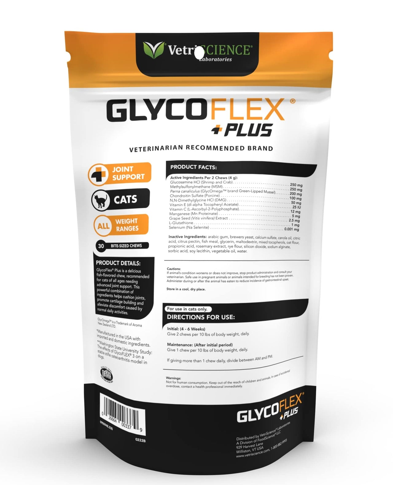 VetriScience GlycoFlex Plus, Clinically Proven Joint Support Cat Supplements - Joint Health Supplement with Glucosamine, Chondroitin, MSM, and DMG - 30 Chews, Fish Flavor Glycoflex Plus Chondroitin