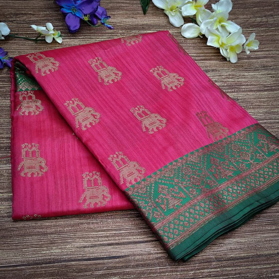NK Textiles Women's  Elephant Motifs Woven Kanjivaram Ghicha Tussar Silk Saree with Fancy Tassels
