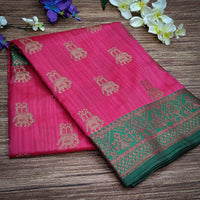 NK Textiles Women's  Elephant Motifs Woven Kanjivaram Ghicha Tussar Silk Saree with Fancy Tassels