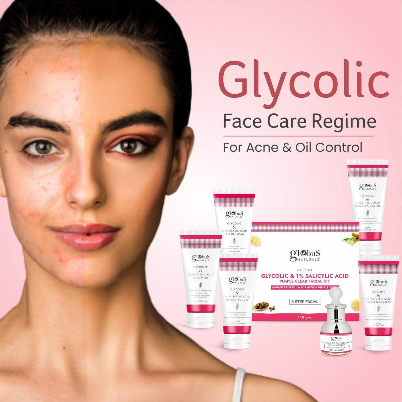 Globus Naturals Pimple Clear Glycolic & 1% Salicylic Acid Face Wash, For Acne & Oil Control, Enriched with Aloe vera & Vitamin E (100ml) (Pack Of 2)