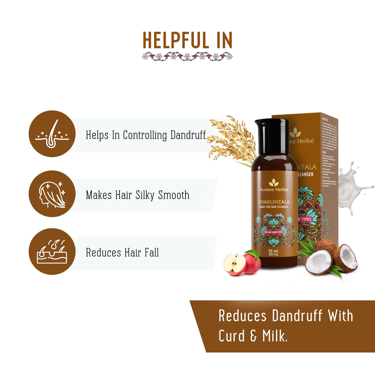 Avimee Herbal Shakuntala Daily Use Hair Cleanser | For Silky Hair | With Aloe, Apple Cider, Rice & Keratin Protein | Sulphate & Paraben Free Shampoo For Men & Women | 50 ml