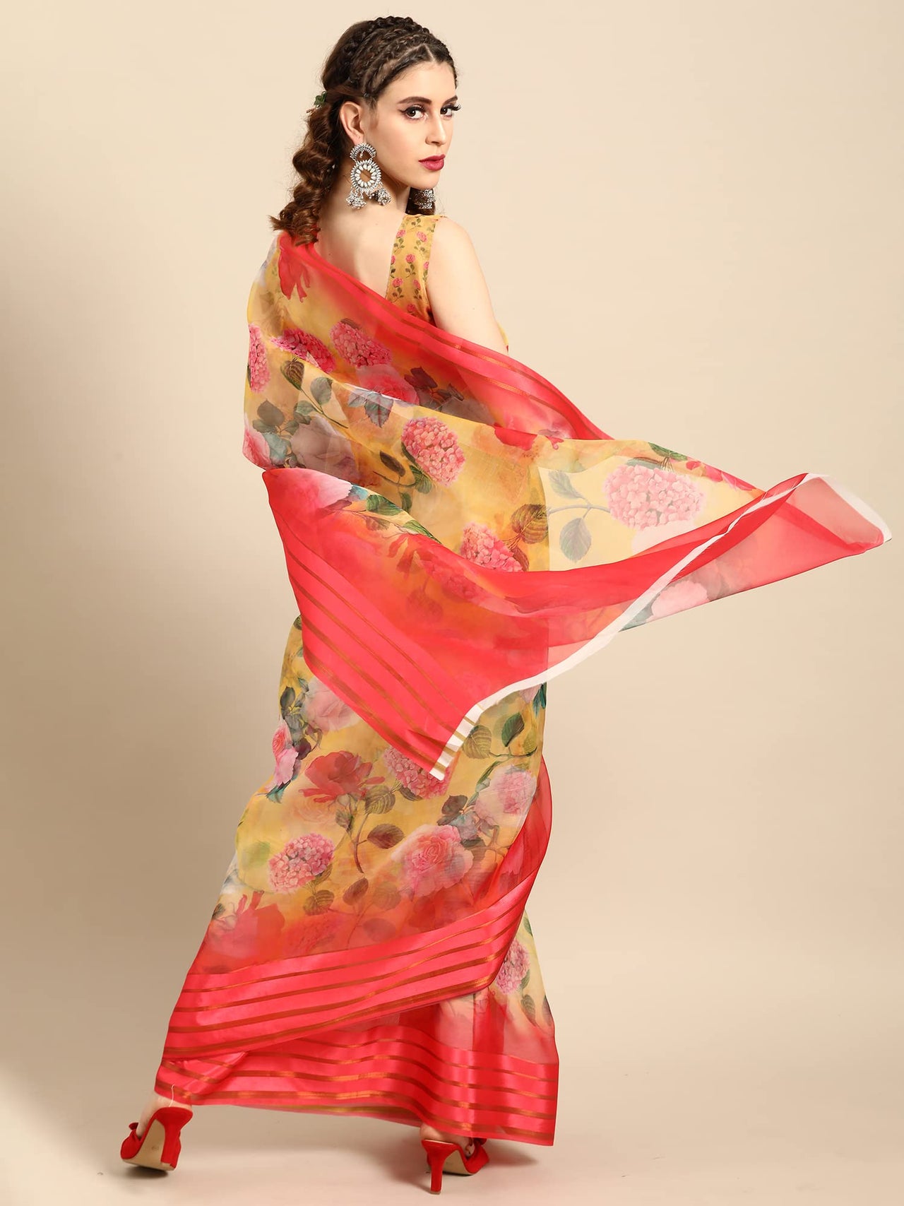 AKHILAM Women's  Knit Floral Printed Organza Saree with Unstitched Blouse Piece (FF0SAGE10_Parent)