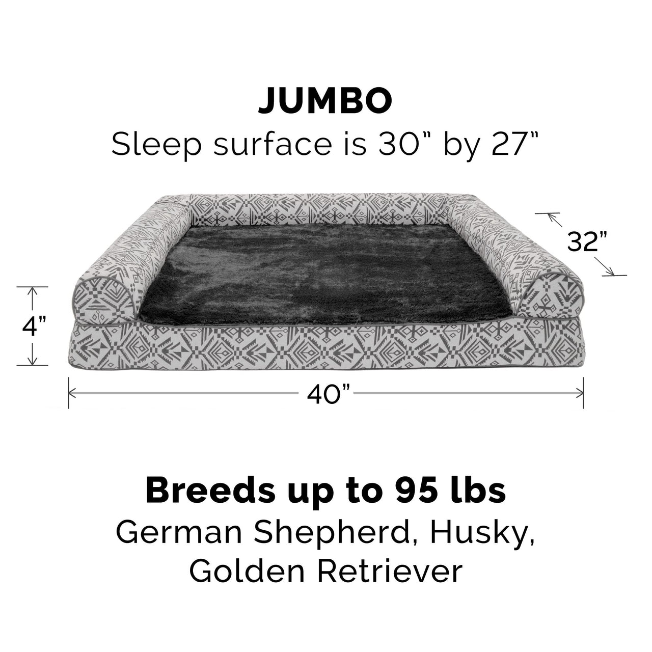 Furhaven Replacement Dog Bed Cover Plush & Southwest Kilim Décor Sofa-Style, Machine Washable - Boulder Gray, Jumbo (X-Large) Cover Only 40.0"L x 32.0"W x 0.3"Th (Plush & Southwest Kilim Decor) Boulder Grey