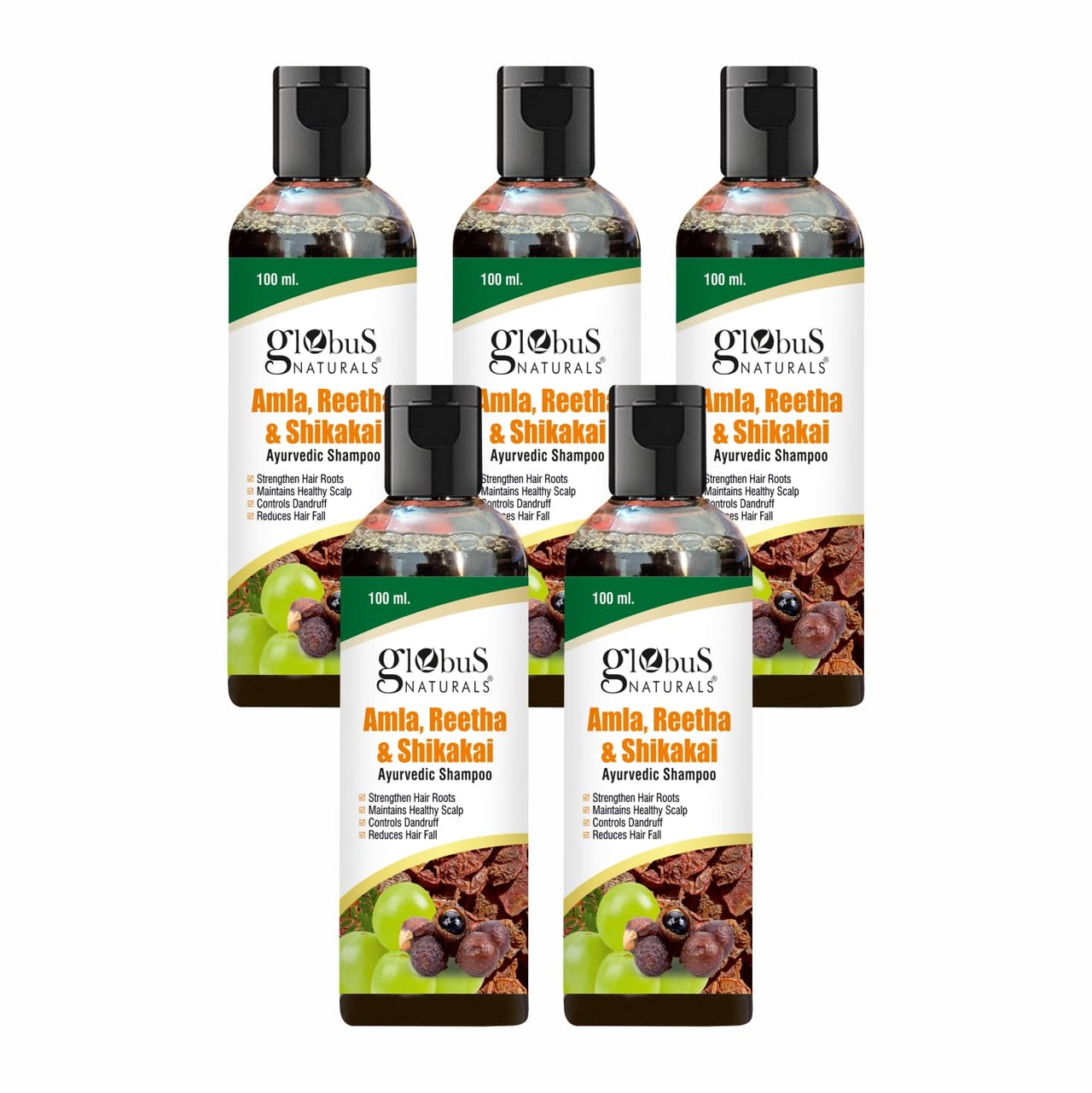Globus Naturals Amla Reetha Shikakai Shampoo - Natural & Mild Cleanser for Healthy Hair and Scalp, Suitable for All Types, Set of 5, 100 ml