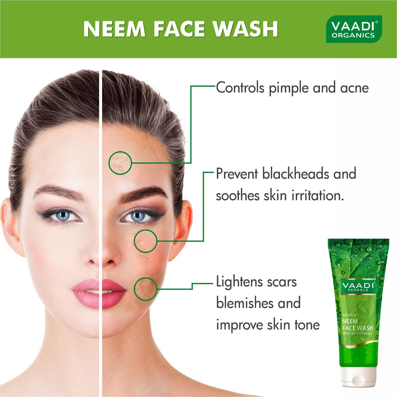 Vaadi Herbals Anti Acne Neem Face Wash with Tea Tree Extract, 60g