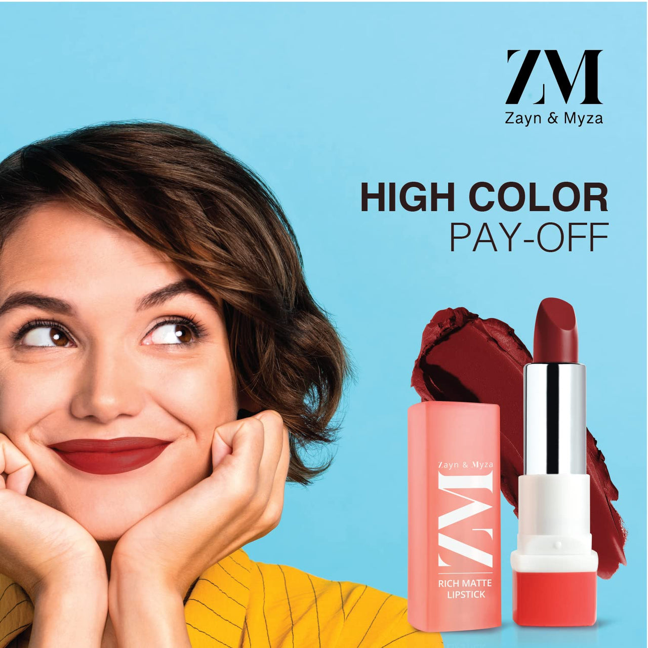 ZM Zayn & Myza Rich Matte Lipstick, Smooth and Light Weight, Intense Color in one Swipe, High Pigmentation Bullet Lip Stick Enriched with Argan oil, Murumuru and Shea Butter, 4.2 g (Mellow Drama)