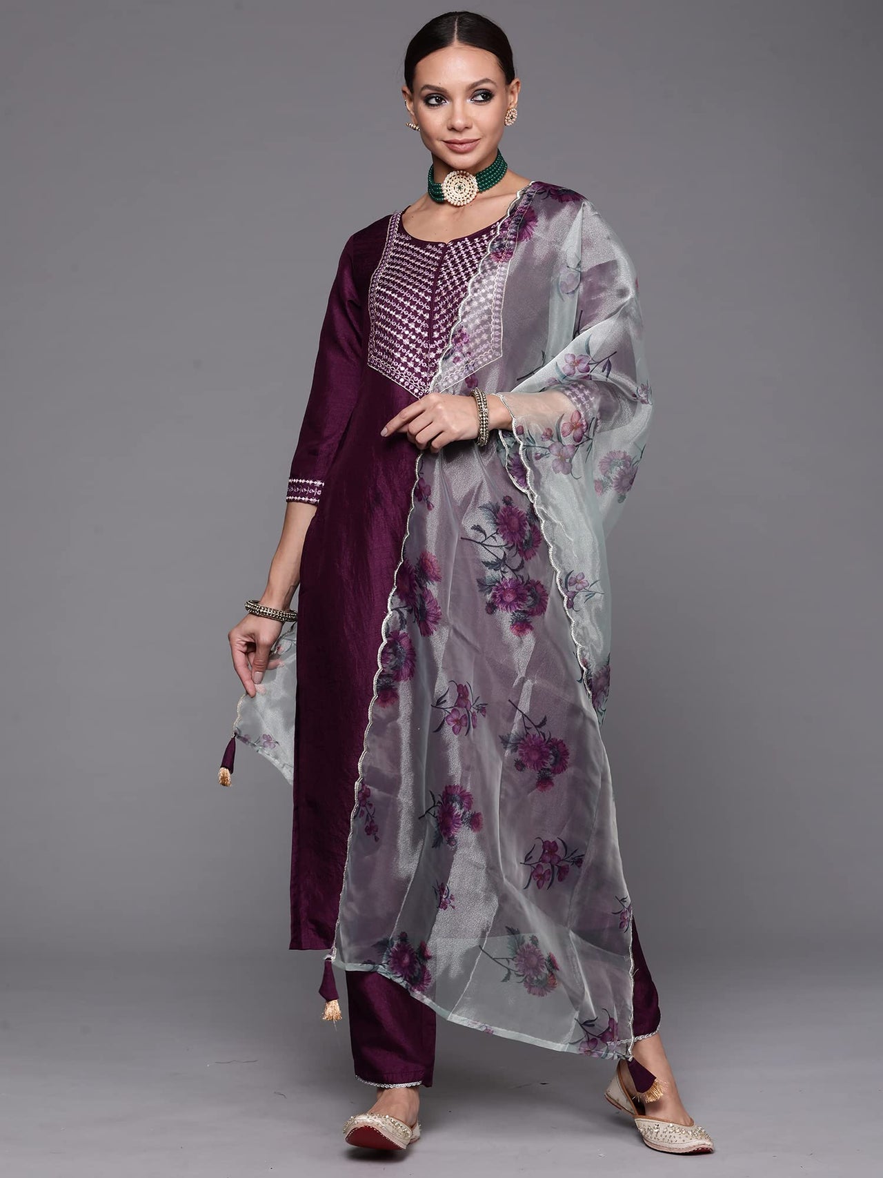 INDO ERA Women's  Embroidered Kurta Set for Women with Organza Dupatta(KH9PR4439-P_Purple and Green_Xs to XXL-Size)