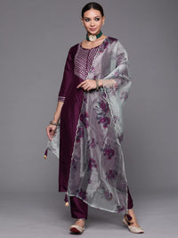 INDO ERA Women's  Embroidered Kurta Set for Women with Organza Dupatta(KH9PR4439-P_Purple and Green_Xs to XXL-Size)