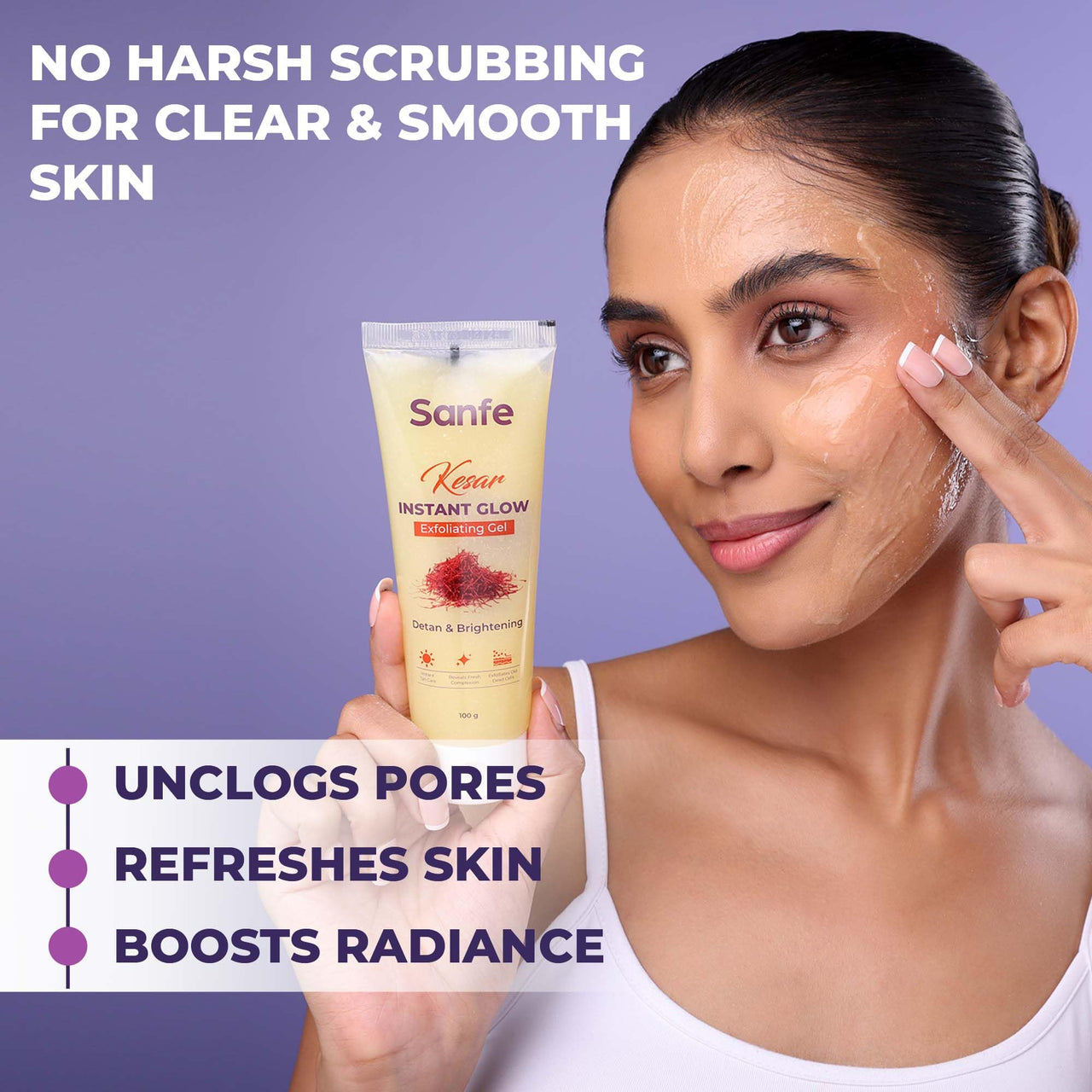 Sanfe Kesar Instant Glow Exfoliating Gel | Visibly removes tan & brighten skin | AHA Exfoliation in Minutes | Smooth & Bright Skin | 100g