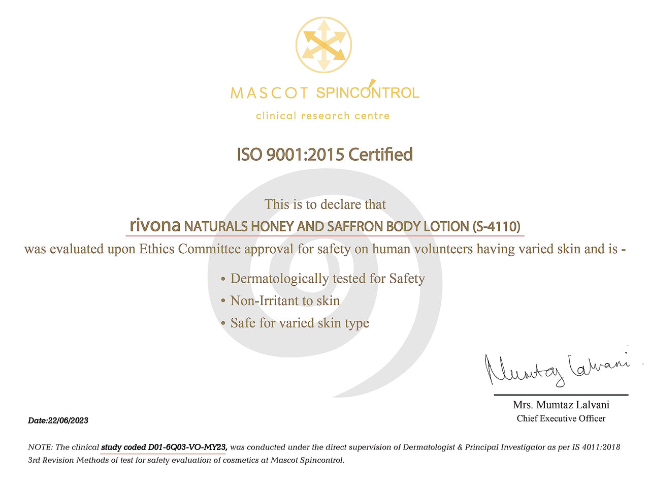 Rivona Naturals Honey & Saffron body Lotion | Enriched with 2% Kojic + Honey & Saffron | Skin Brightening, Moisturizing |100% Vegan|Men & Women |All Skin types|250 ml each - Pack of 2