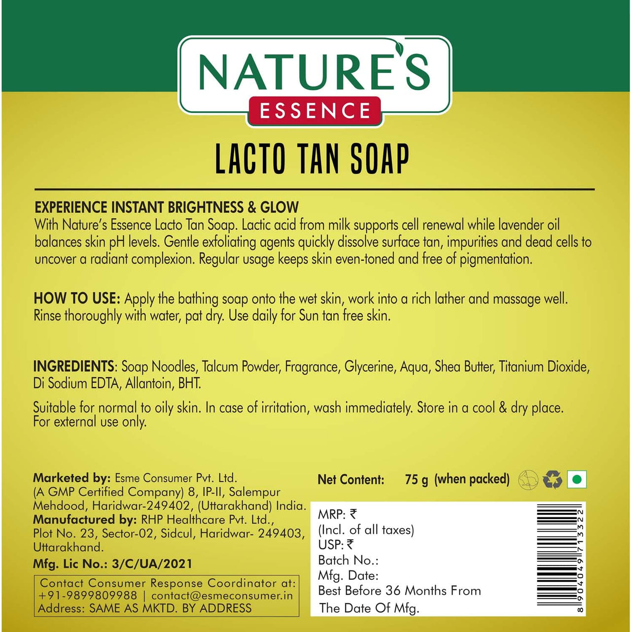 NATURES ESSENCE Caressence Lacto Tan Soap, 75G