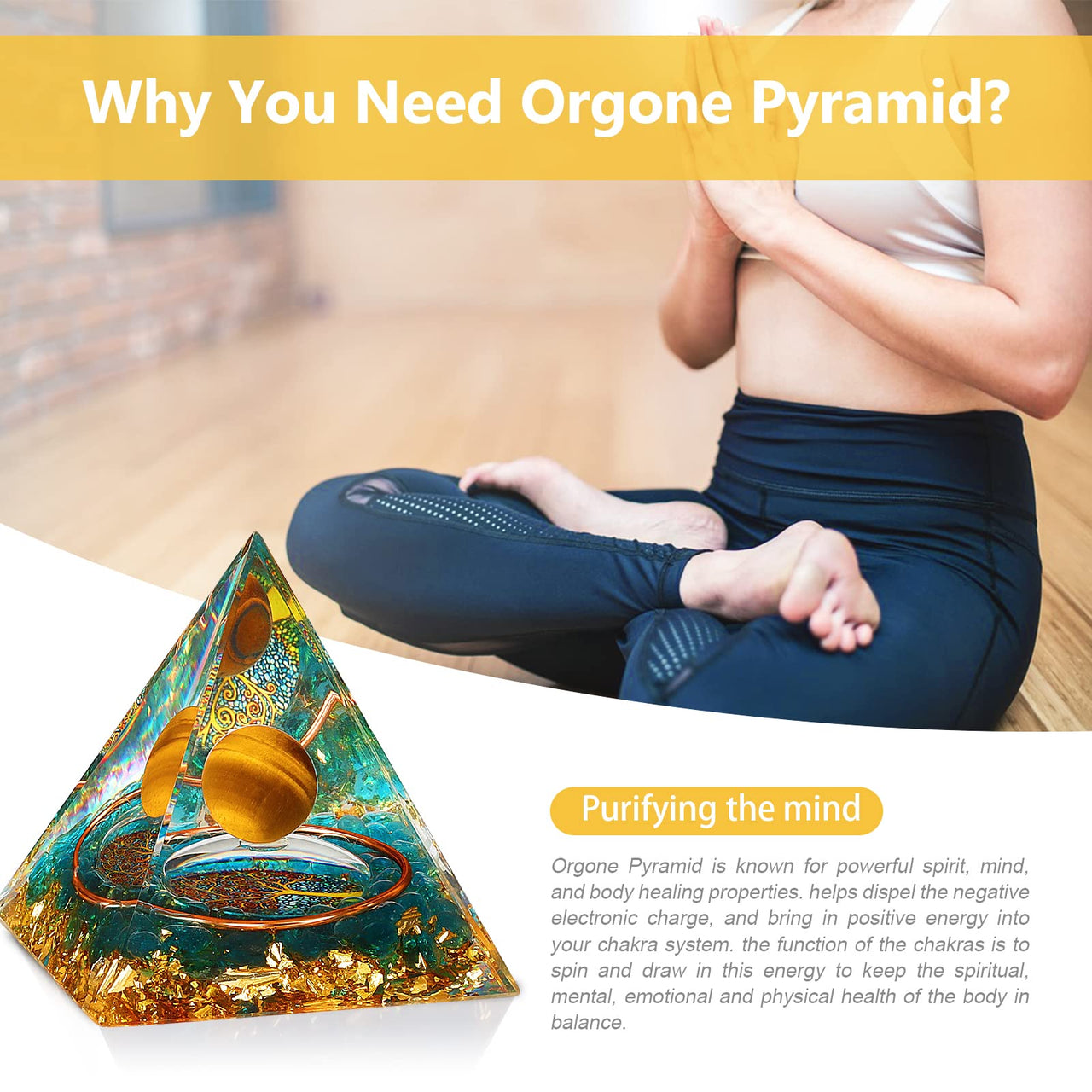 Orgonite Healing Crystal and Stone Orgone Pyramid Gold Sphere Life Tree Blance Chakras Pyramid Meditation Aids Sleep, Health Protection Positive Energy Generator to Attract Wealth Wisdom Yellow Tree