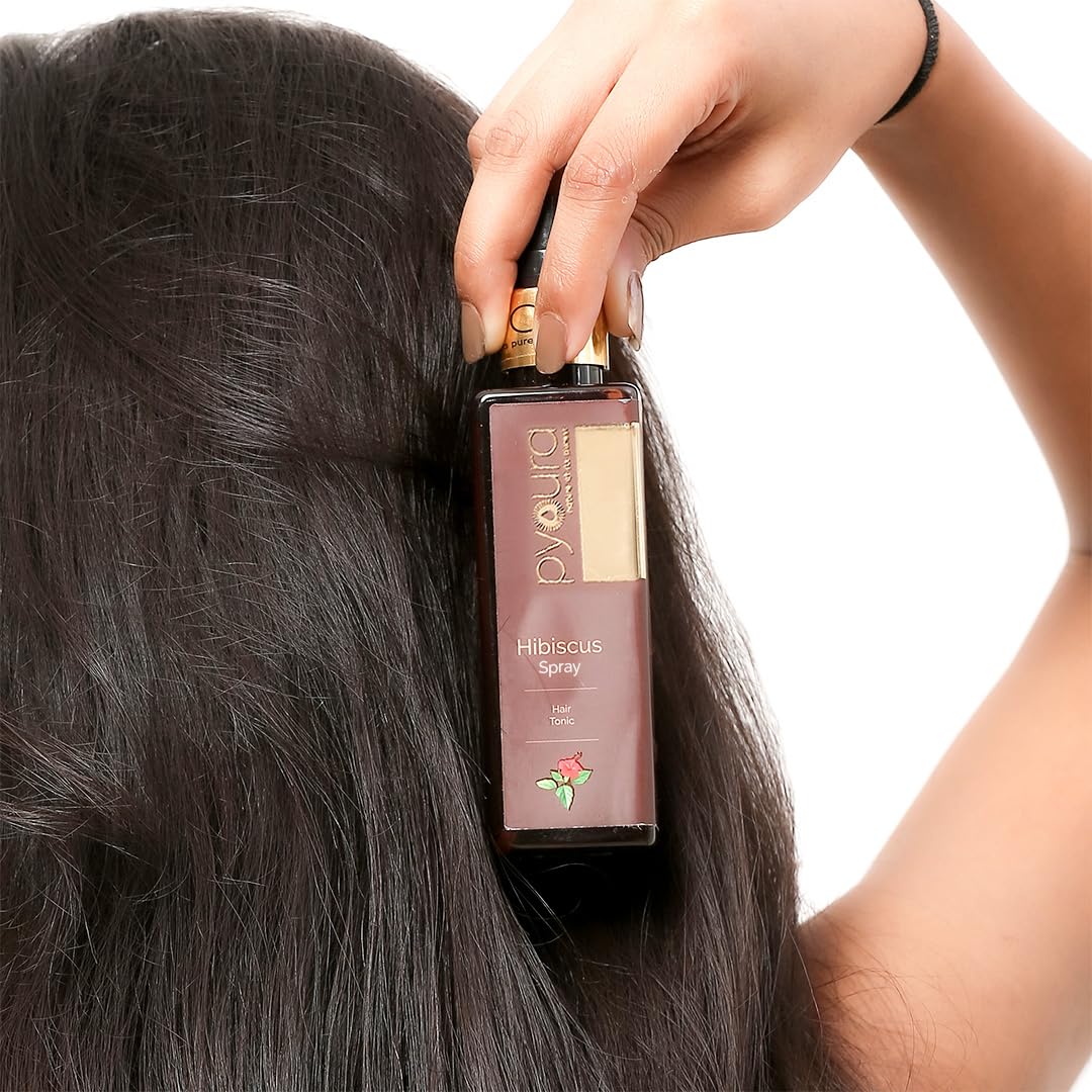 PYOURA Hibiscus Hair Mist Spray 100ml for Itchy Dry Scalp & Dandruff| Non Oily Heat protection Hair Mist Tonic Supports Hair Growth| Hair Serum Toner for Conditioning and Prevents Split Ends