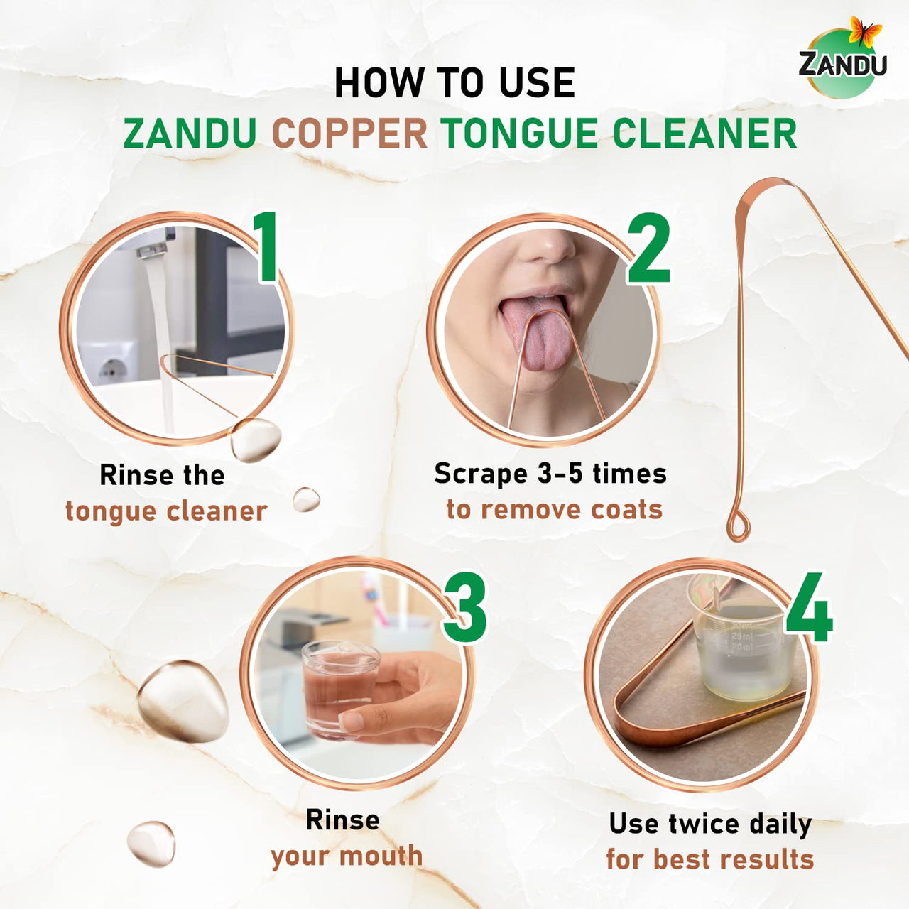 Zandu Copper Tongue Cleaner (Pack of 2) :An Anti-Microbial Tongue Cleaner for Managing Oral Health | Reduces Bad Breath & Supports Digestive Health | Comfortable & Flexible Handle | Easy & Safe to Use