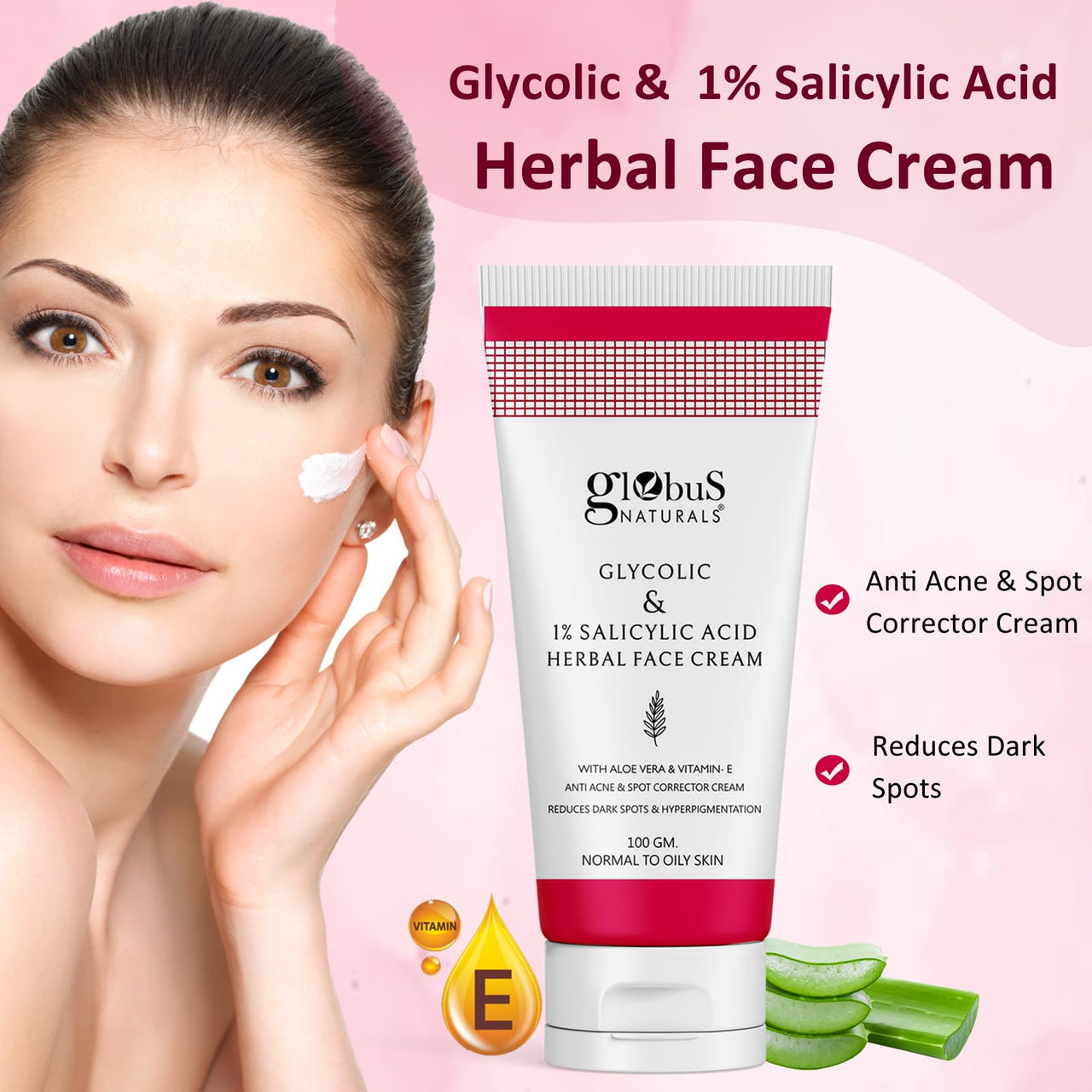 Globus Naturals Glycolic & 1% Salicylic Acid Herbal Anti Acne Face Cream, Enriched with Liquorice & Oats, Reduces Dark spots & Hyperpigmentation, 100 gm