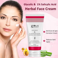Globus Naturals Glycolic & 1% Salicylic Acid Herbal Anti Acne Face Cream, Enriched with Liquorice & Oats, Reduces Dark spots & Hyperpigmentation, 100 gm