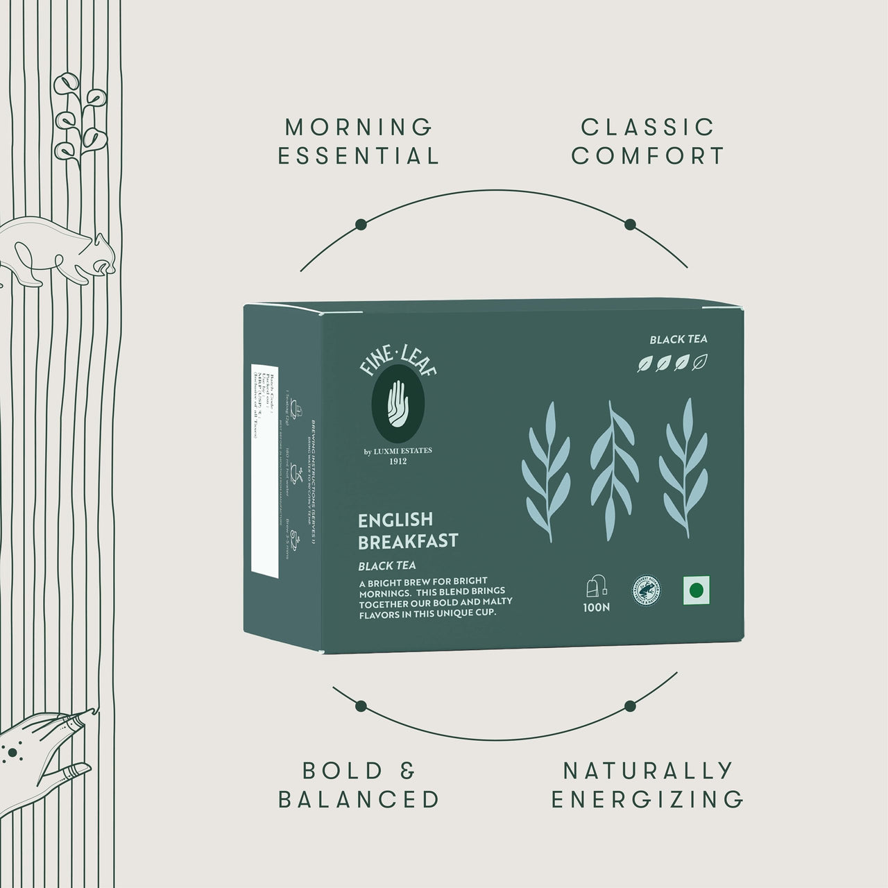 Luxmi Estates - Fine Leaf English Breakfast Black Tea | High Caffeine - Strong, Robust, Double Chamber Stapleless Blend of Assam & Darjeeling Tea |100 Tea Bags * 2g | 200 gm