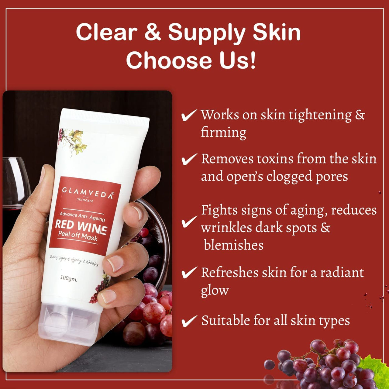 GLAMVEDA Red Wine Peel Off Mask - Anti-Aging, De-Tan & Glowing Skin Treatment. Removes Blackheads, Dark Spots, Minimizes Wrinkles, Suitable for All Skin Types, 100g