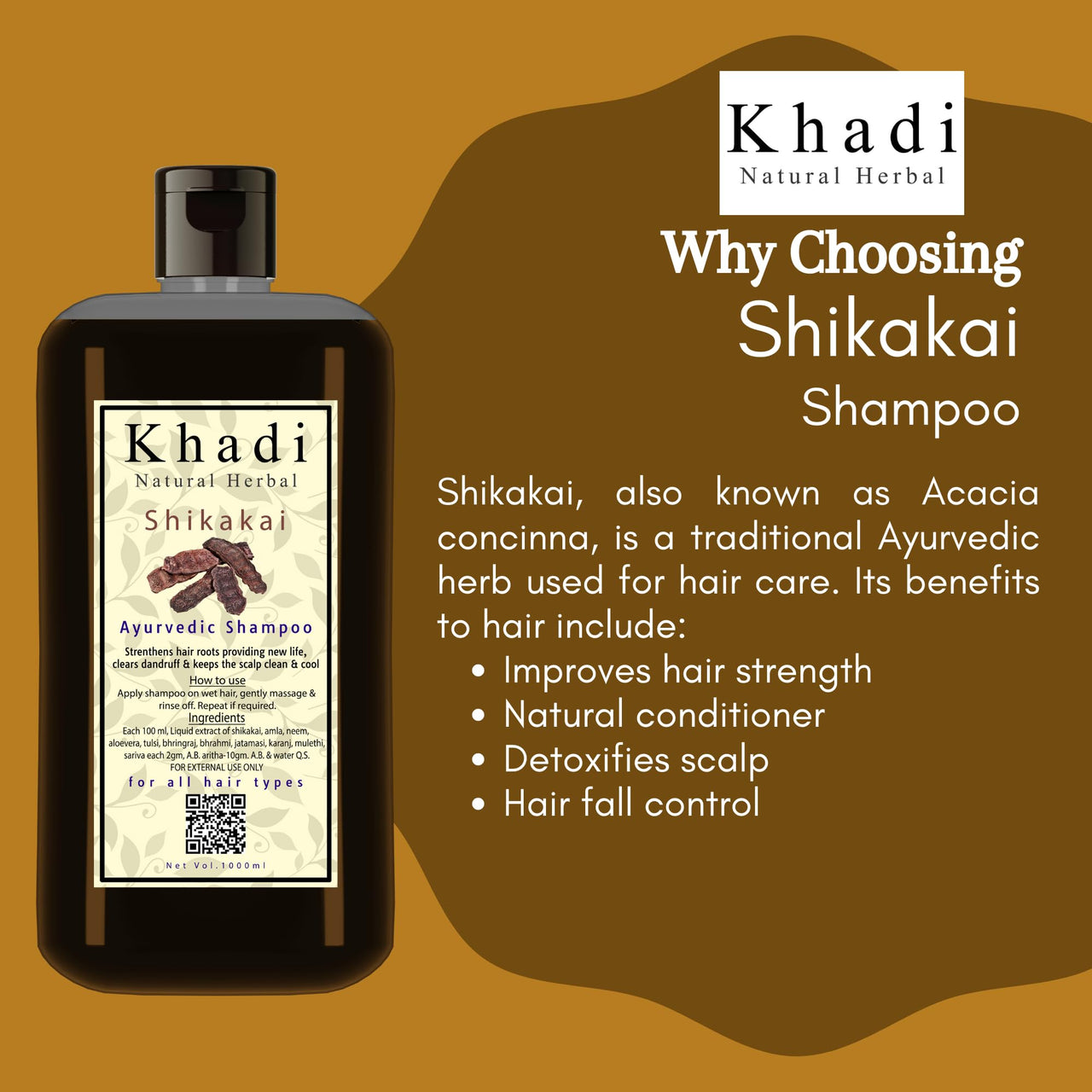 Khadi Natural Herbal 1000ml Shikakai Hair Fall Control Shampoo | Suitable For Dry & Frizzy Hair | Sls & Paraben Free Anti Dandruff Hair Cleanser Shampoo For Women & Men 1Ltr Pack