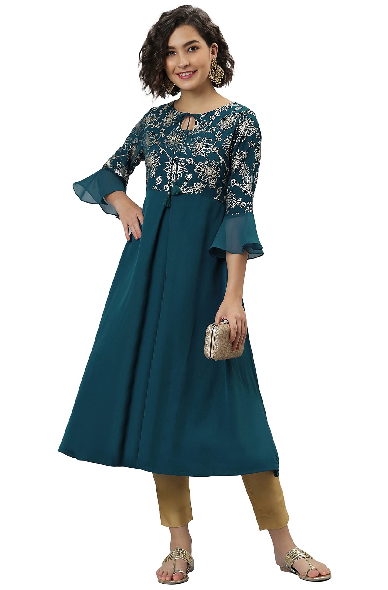 Janasya Women's  Teal Ethnic Motifs Crepe Kurta S