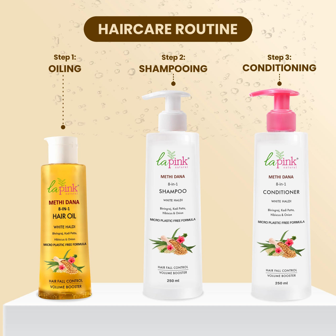 La Pink Methi Dana 8-in-1 Anti Hair Fall Shampoo | Strengthens Roots, Boosts Volume & Reduces Hair Fall | 100% Microplastic-Free | For Men & Women, All Hair Types | 250ml