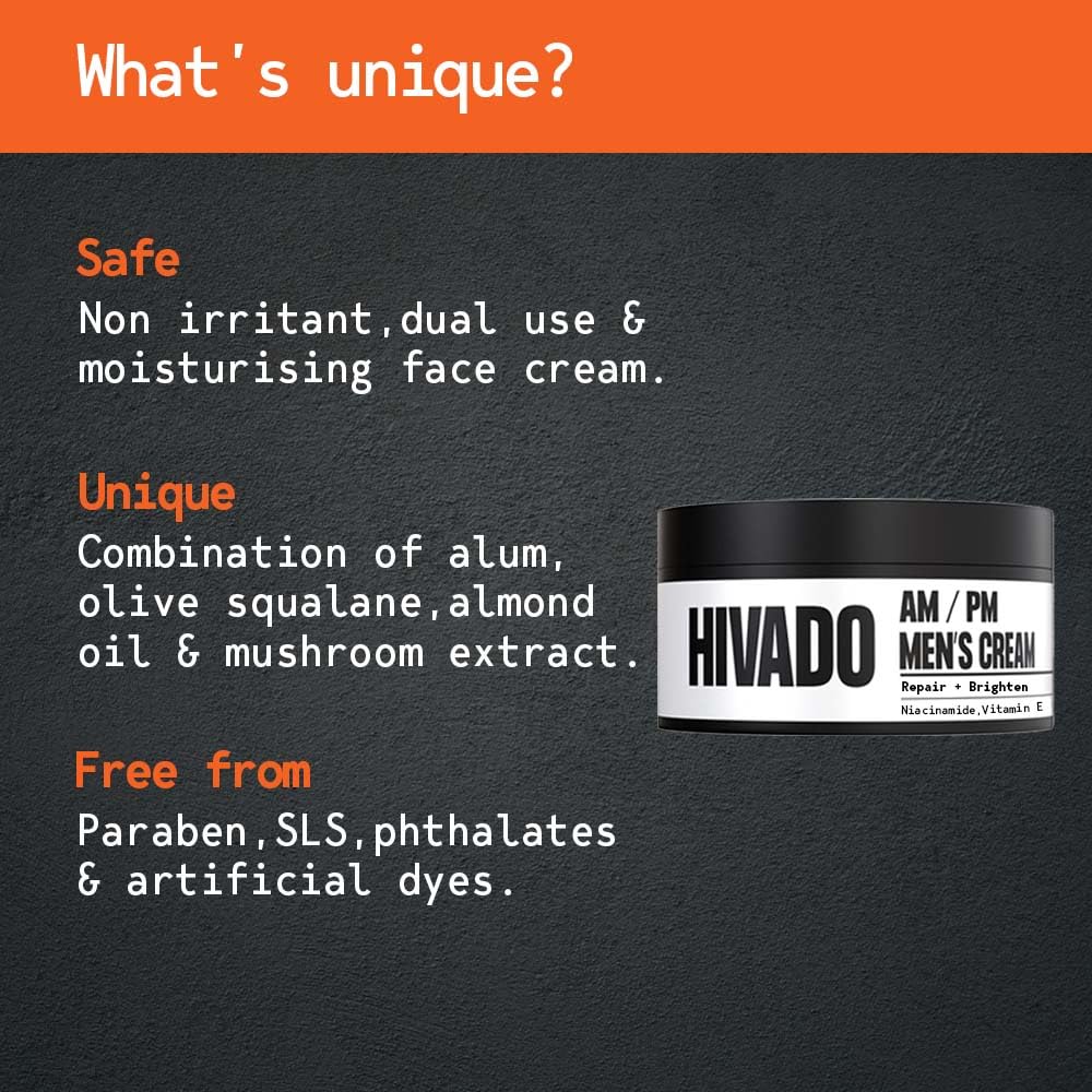 Hivado AM PM Men's Cream | Brighter Skin, Non-greasy, non sticky, Even Skin Tone, 50 gm | Niacinamide, Vit E, Ougon Extract, Aloe Vera | Sulphate Free Paraben Free | Face Cream Men