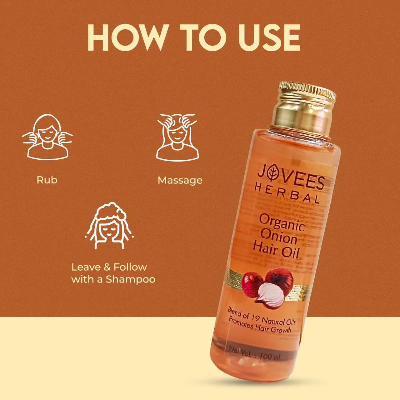 Jovees Herbal Organic Onion Hair Oil 100ML | Controls Hair Fall, Promotes Growth | Contains Onion Seed Oil, Olive oil, Sesame oil, Almond oil | Suitable for All Hair Types