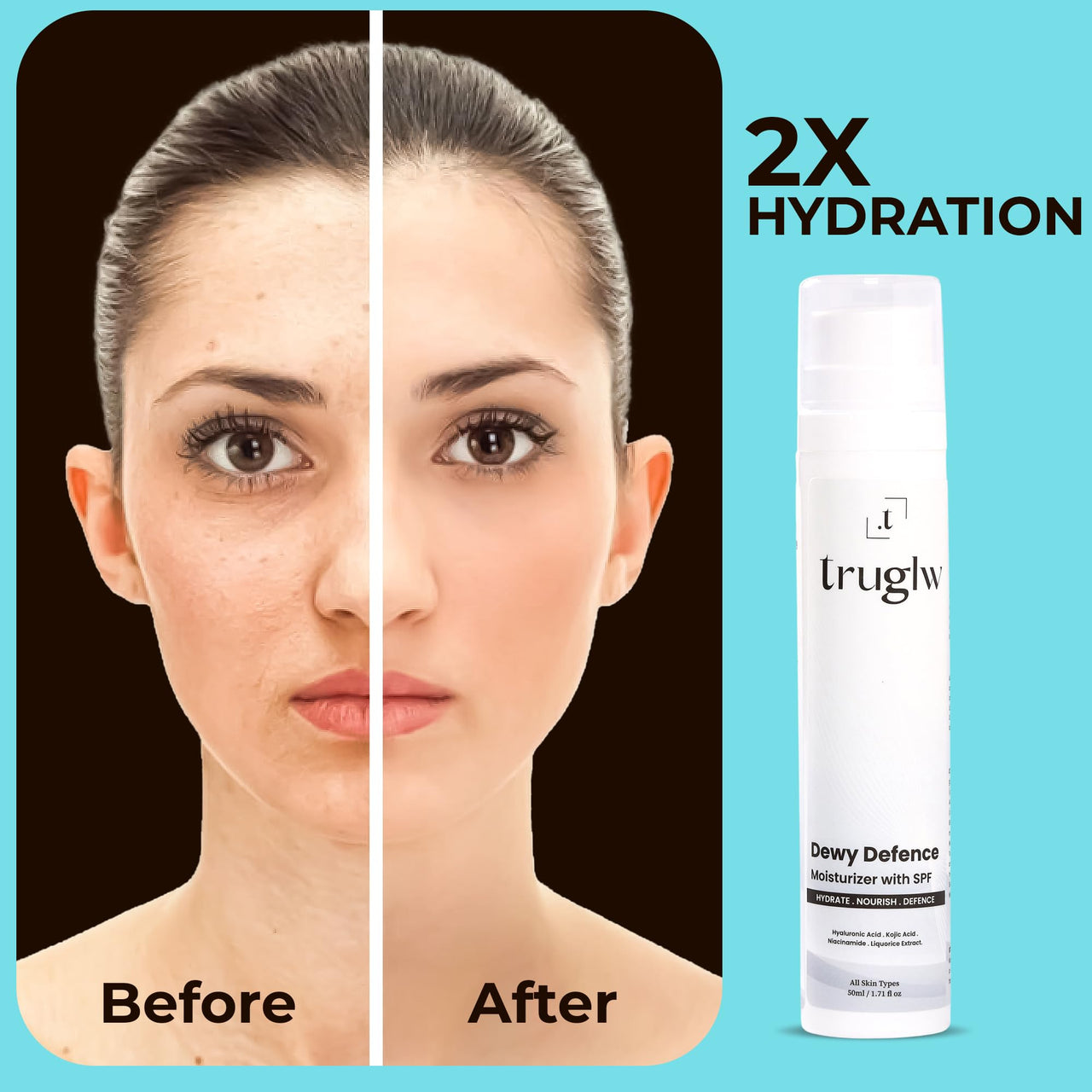 Truglw Dewy Defence Moisturizer with SPF | Hyaluronic Acid, Kojic Acid & Niacinamide | Hydrating, Brightening & Lightweight Sunscreen Moisturizer for Glowing Skin | Non-Sticky & Fast-Absorbing – 50ml
