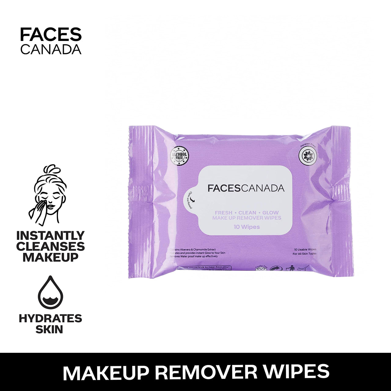 FACESCANADA Fresh Clean Glow Makeup Remover Wipes - 10 Wipes | Gentle Purifying | Ultra Soft | Instant Cleansing For All Skin Types | Hydrates & Moisturizes Skin | No Alcohol | No Parabens