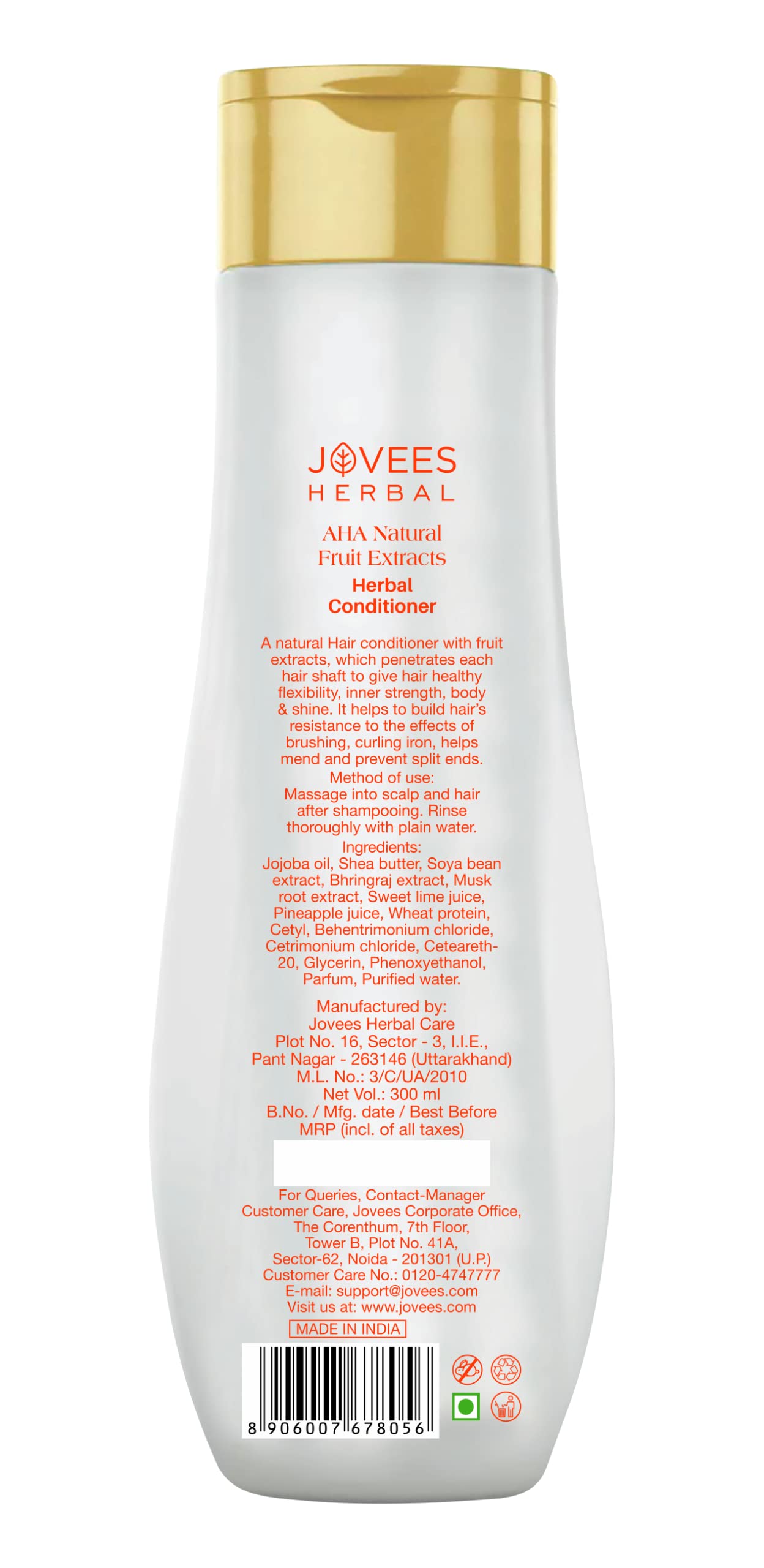 JOVEES Herbal AHA Natural Fruit Extracts Conditioner For Smooth, Silky And Tangle Free Hair | Conditioner For Damaged Repairs, Nourishes Frizzy Hair, And Shiny Hair- 300ml, (1 count)