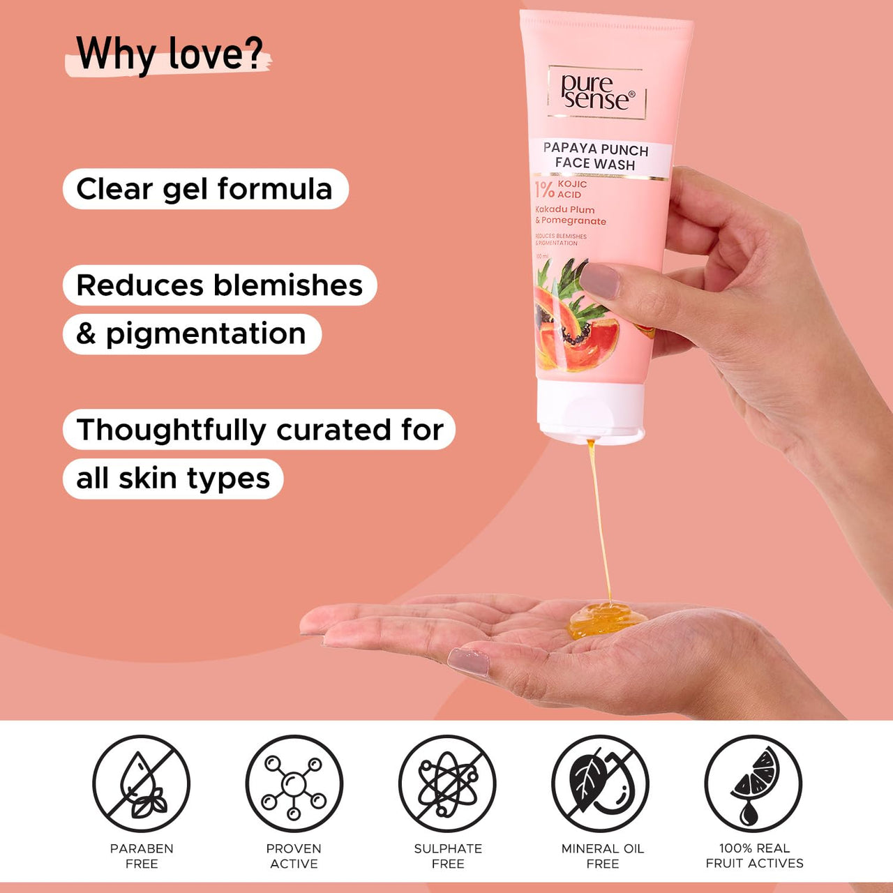PureSense Papaya Punch Face Wash with 1% Kojic Acid | Kakadu Plum & Pomegranate | Reduces Blemishes & Pigmentation | For Men & Women - 100ml