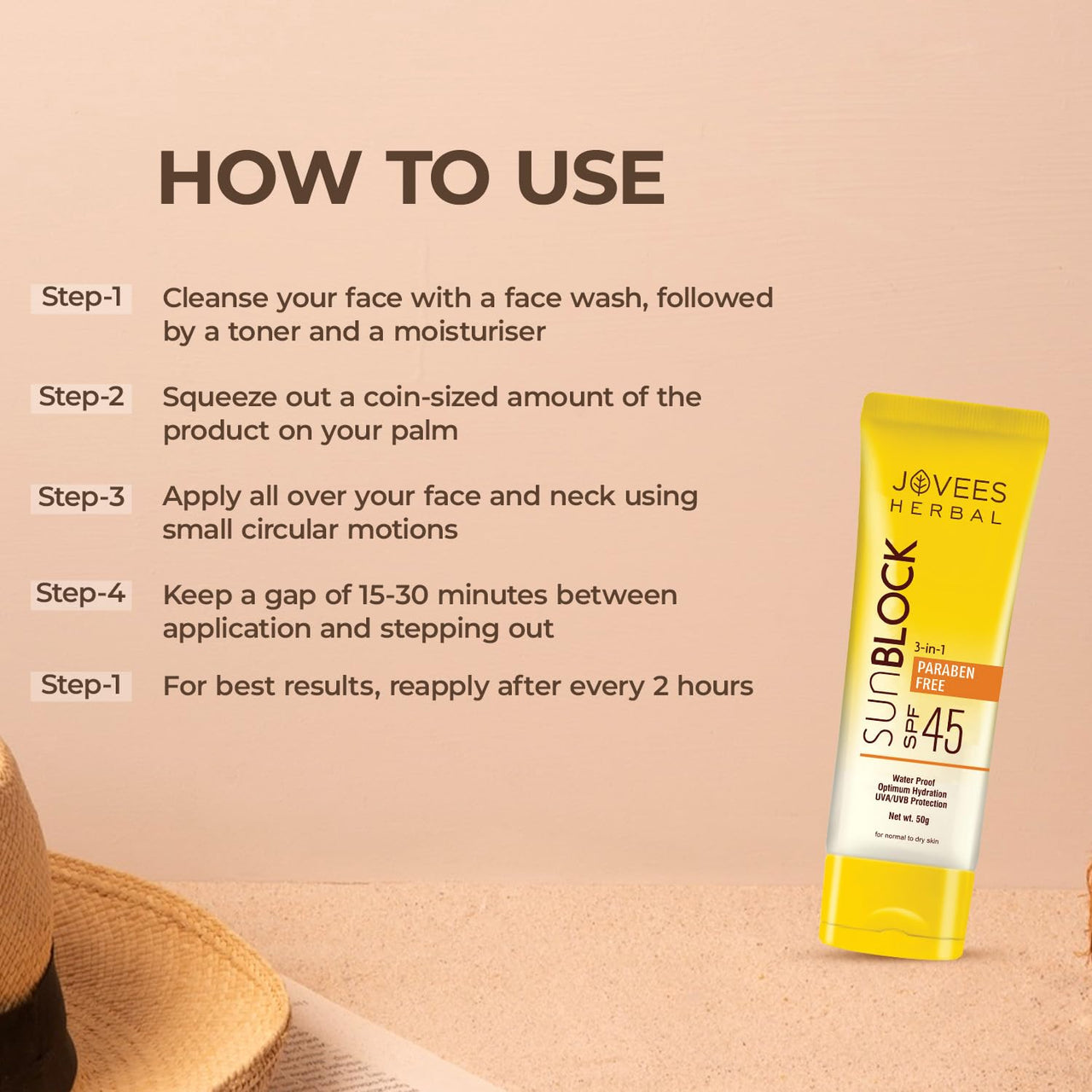 Jovees Herbal Sun Block SPF 45 For Even Toned & Glowing Skin | Suitable For Dry Skin | Sunscreen for UVA/UVB & Blue Light Protection | Lightweight & Non Grassy for Men & Women 100g (Pack of 2)